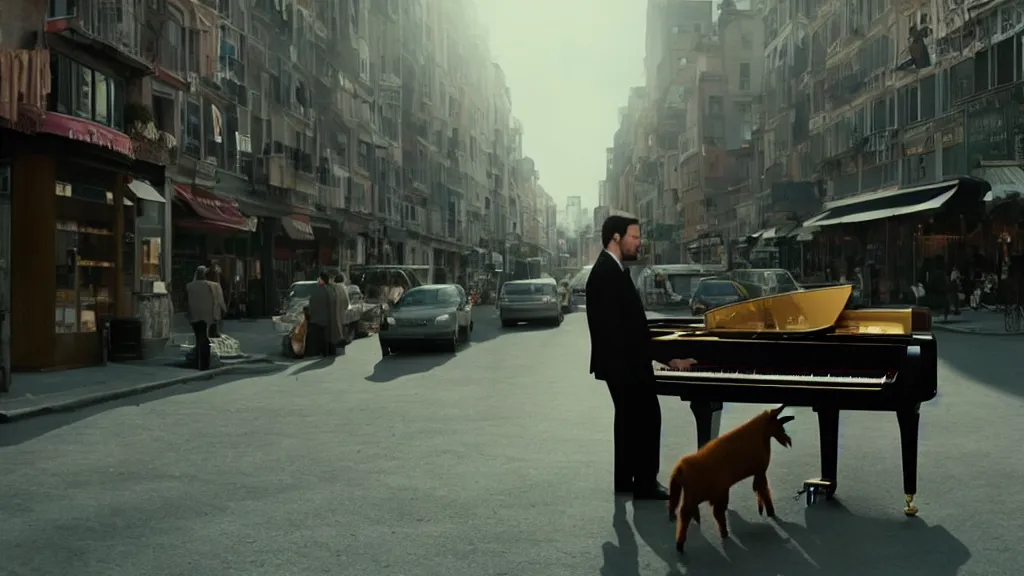 Image similar to a man in a suit wearing a goat mask playing a grand piano in the center of a busy street, morning glory light, film still from the movie directed by Denis Villeneuve with art direction by Salvador Dalí, wide lens