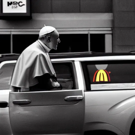 Prompt: pope francis carjacking a car in downtown new york outside a mcdonalds at 3am CCTV footage grainy black and white