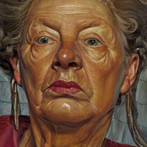 Image similar to high quality high detail painting by lucian freud, hd, exaggerated portrait of colonial queen, photorealistic lighting