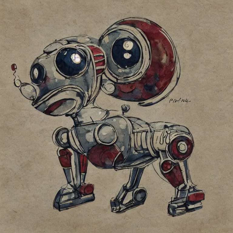 Image similar to a cute retro robot dog. alcohol inks on parchment, muted colors, detailed, beautiful, textured parchment background, 1 9 5 0 s concept art