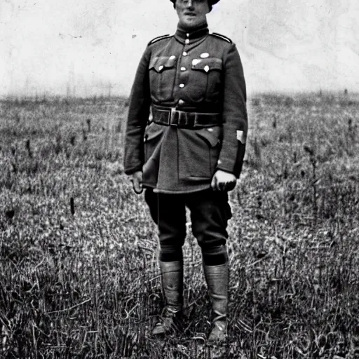 Prompt: a rabbit wearing a ww1 uniform posing in no man's land, black and white grainy photograph