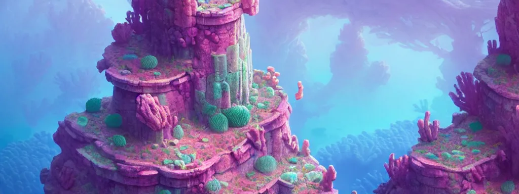 Image similar to stone castle in a coral reef by charlie bowater and anna dittmann and artgerm and clemens ascher, intricate, elegant, pink and blue and green mist, highly detailed, dramatic lighting, sharp focus, octane render, trending on artstation, artstationhd, artstationhq, unreal engine, 4 k, 8 k