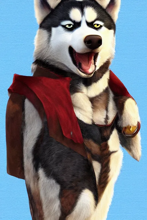 Image similar to a portrait painting of a husky in cowboy costume, wearing a cowboy hat, in the style of anime, [ western film ], [ red dead ], trending on artstation