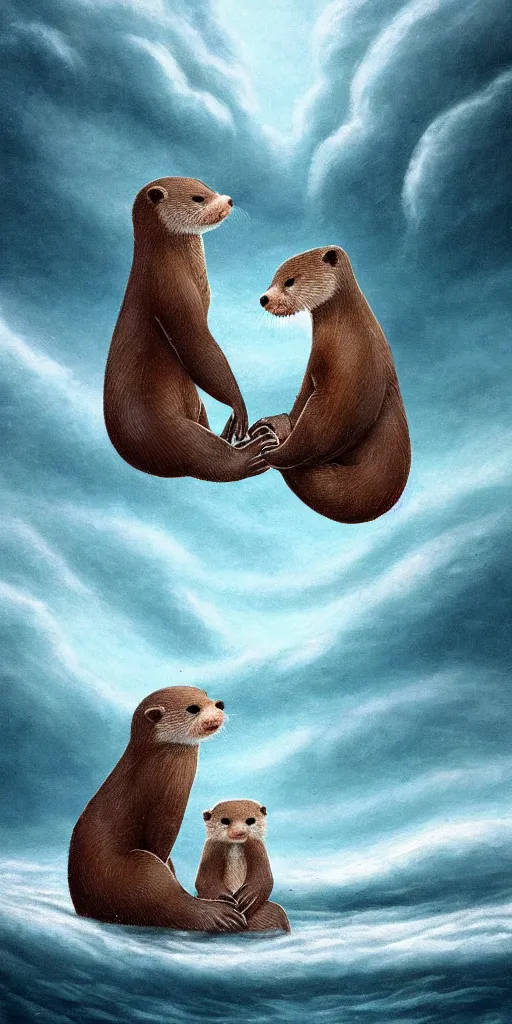 Image similar to adorable otters falling in love holding hands side by side, all alone in the middle of a scary storm at sea, fantasy illustration, cinematic, award winning, romantic, detailed trending on artstation, masterpiece