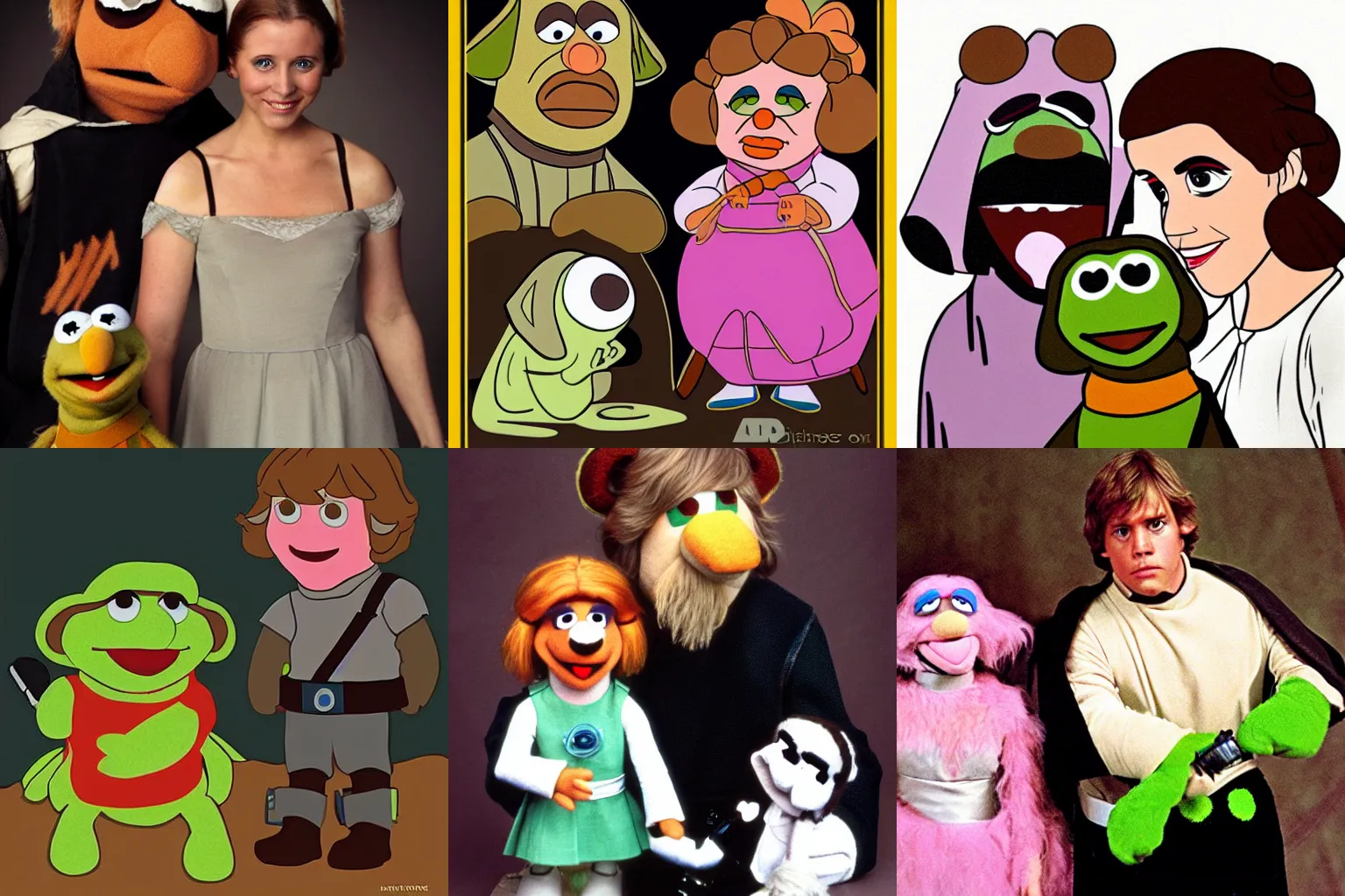 Prompt: luke skywalker and princess leia as muppets