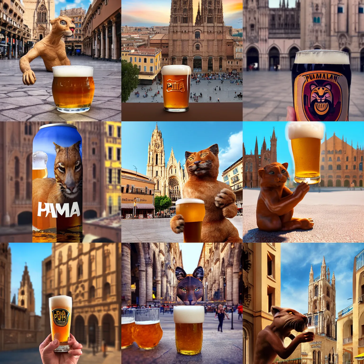 Image similar to A wild humanoid Puma holding a fresh beer with its paws in the city centrum from Palma de Mallorca with Palma Cathedral in the background, highly detailed, octane render