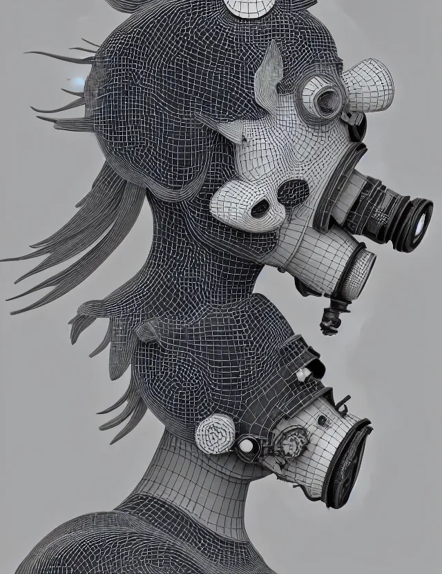 Image similar to 3 d goddess close - up profile punk portrait with vintage gas mask ram skull. beautiful intricately detailed japanese crow kitsune mask and clasical japanese kimono. betta fish, jellyfish phoenix, bio luminescent, plasma, ice, water, wind, creature, artwork by tooth wu and wlop and beeple and greg rutkowski