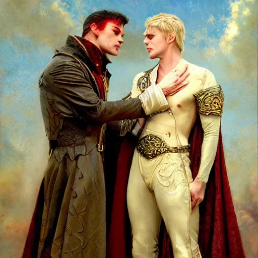 Prompt: attractive male arthur pendragon who has blond hair confesses his love to attractive male dracula. highly detailed painting by gaston bussiere, craig mullins, j. c. leyendecker 8 k