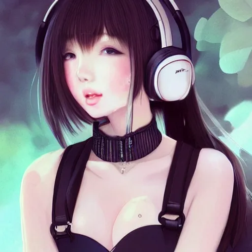 Image similar to realistic beautiful gorgeous buxom natural cute blushed shy girl Blackpink Lalisa Manoban black hair fur black cat ears, wearing white camisole, headphones, black leather choker artwork drawn full HD 4K highest quality in artstyle by professional artists WLOP, Taejune Kim, Guweiz, Aztodio on Pixiv Instagram Artstation