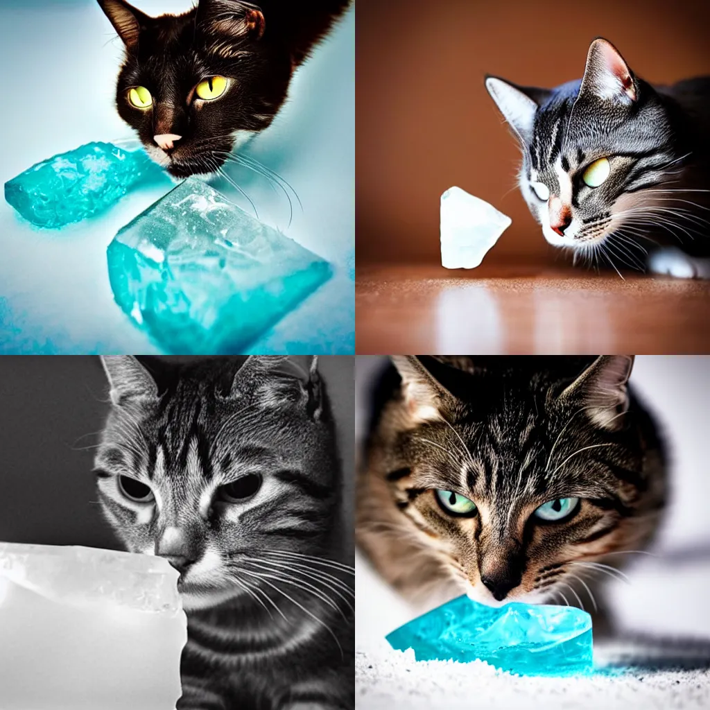 Prompt: a cat playing with a piece of ice. instagram.