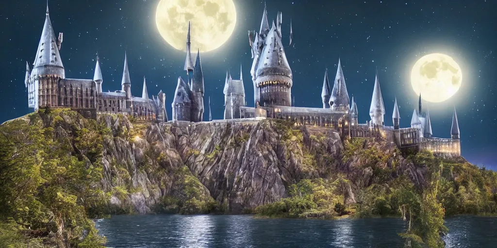 Image similar to insanely detailed long shot of hogwarts castle next to a lake at night with glowing windows cloudy night bright moon, harry potter