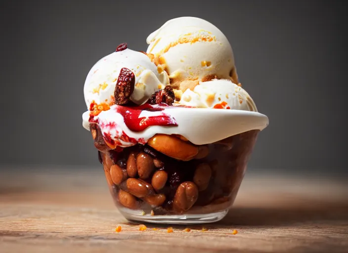 Prompt: dslr food photograph of ice cream sundae with baked bean topping, 8 5 mm f 1. 8