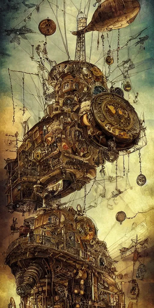 Prompt: a detailed digital painting of a steampunk living airship by alexander jansson and where's waldo and leonardo da vinci