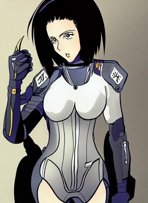 Image similar to Portrait of a female mech pilot in a latex bodysuit, 90s anime, cel-shaded, highly detailed, desaturated, gothic, oppressively atmosphere, poster