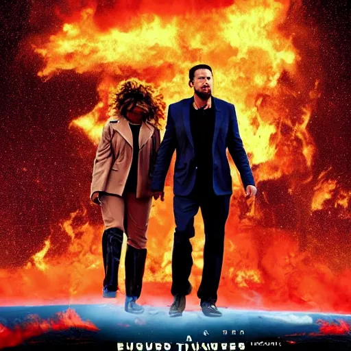 Image similar to movie poster of movie climate catastrophe 2 0 5 0, where the world is burning from global warming. starring ben affleck and tina turner.