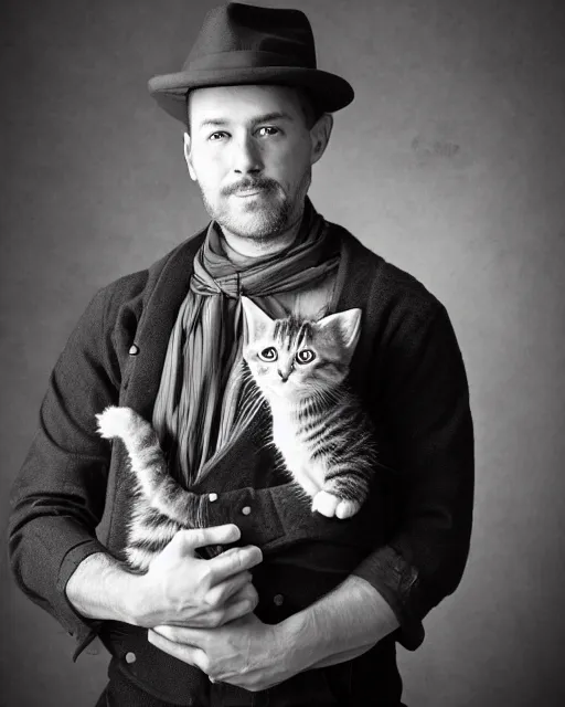 Prompt: gentlemen wearing a hat and wearing a baby sling on the back with a kitten in the sling, studio portrait, golden ratio, backlit, steampunk