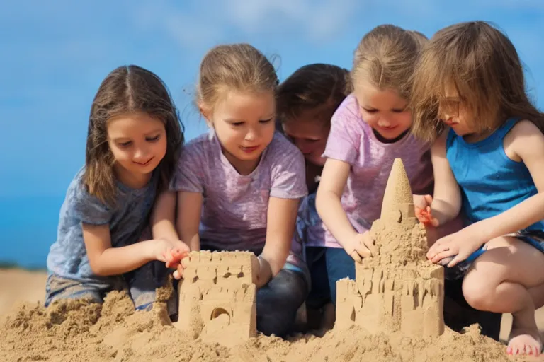 Prompt: two kittens and two children touching a sand castle