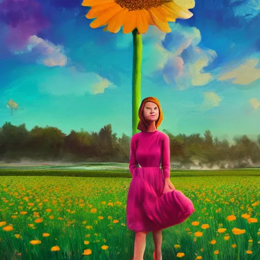 Prompt: giant daisy flower as face, full body, girl walking in a flower field, surreal photography, sunrise dramatic light, impressionist painting, colorful clouds, digital painting, artstation, simon stalenhag, flower face