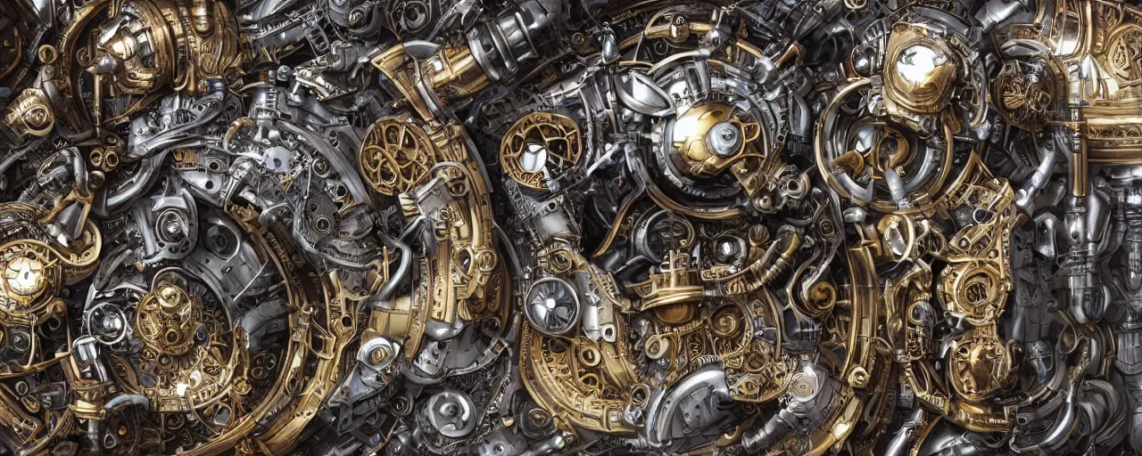 Prompt: Portrait of a steampunk sci-fi machine engine, third person, D&D, sci-fi fantasy, cogs tubes tanks pistons pulleys, intricate, gold black titanium, highly detailed, art by Range Murata, highly detailed, 3d, octane render, bright colors, digital painting, trending on artstation, sharp focus, illustration style of Stanley Artgerm, background in a cinematic