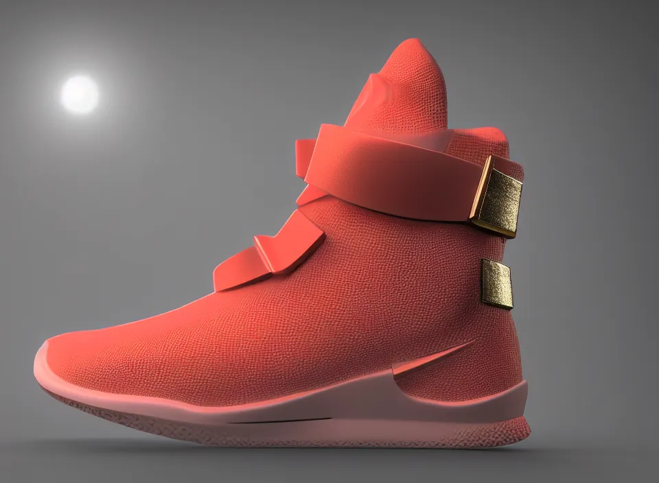 Image similar to realistic 3 d render of a minimalist futuristic sneaker, beautiful studio lighting, soft, sharp focus, neon cyberpunk highlights, intricate detail, gold and red metal, soft rubber, textured plastic, octane render, side view, close up, trending on artstation, deviantart, nike, adidas, converse, reebok, salomon