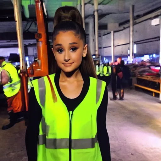 Image similar to photo, close up, ariana grande in a hi vis vest, in tyson slaughterhouse, android cameraphone, 2 6 mm,