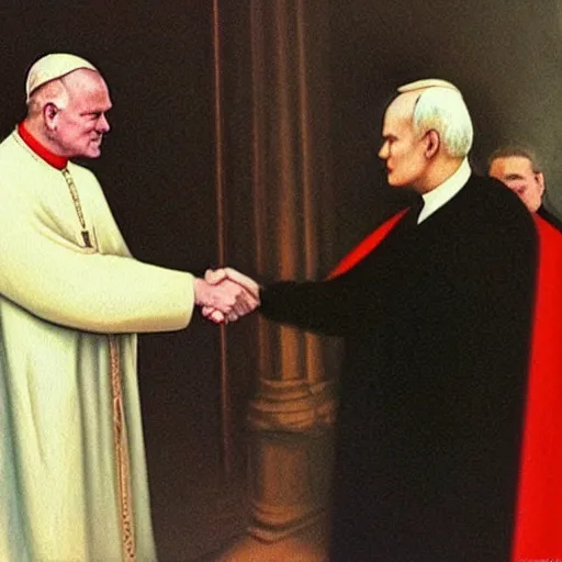 Image similar to a religious painting of john paul ii shaking hands with kanye west