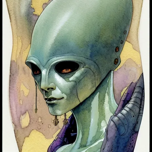 Image similar to a simple and atmospheric watercolour portrait of a pulp sci - fi alien queen, very muted colors, by rebecca guay, michael kaluta, charles vess and jean moebius giraud