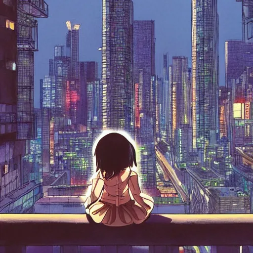 Prompt: Girl leaning on a wooden fence looking down at a city during the night, anime, by Katsuhiro Otomo, highly detailed, city, nighttime