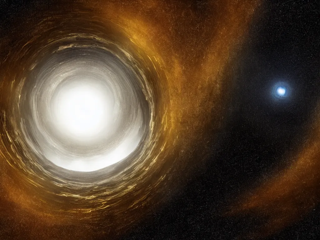 Prompt: black hole absorbs an ocean of fluid gold, interstellar, 8 k, hyperdetailed, realism, big depth of field