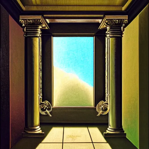 Image similar to still life painting of a room with a balcony and a marbled pedestal displaying an ancient holy artifact, centered in frame and shaped like signet ring, chromed and ornate with gentle iridescent shine from within. perspective from the side. realistic light and shadows. moody fantasy art, still life renaissance pastel painting. close up