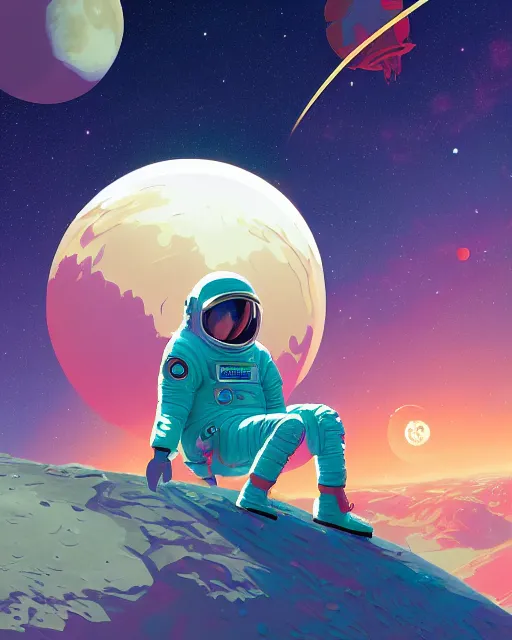 Image similar to wide shoot portrait of ethereal cosmonaut lie relaxed on a crescent moon between the stars and the planets in outer space, cosmonaut post grunge concept art,high detail,4k, trending on artstation by josan gonzalez, wlop, dan mumford and tyler edlin