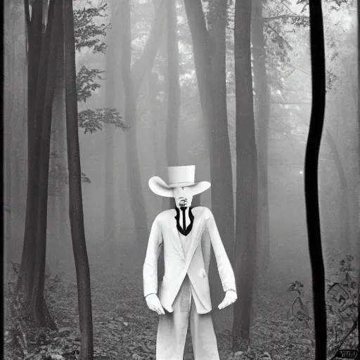 Prompt: uncanny creepy skinny 8 foot man lurking in the foggy forest with a tophat and glowing eyes, 3 5 mm photograph, vintage photo, historical archive, award winning, full body