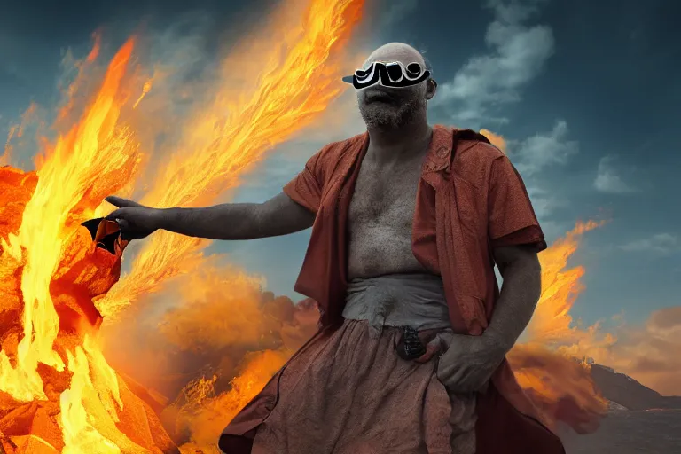 Prompt: A one armed man with an eyepatch standing atop a flaming volcano, digital art, 8k, UHD