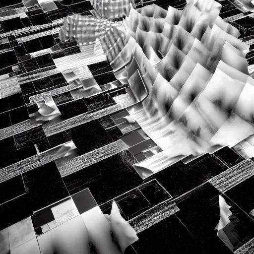 Image similar to defragmentation ( becoming whole with the glitch inside ), in the style of hiroya oku and ikeda and stanley kubrick, black and white, photorealistic, epic, super technical, 3 d render