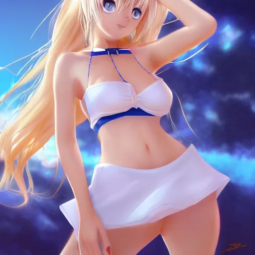 Image similar to full body shot : a very beautiful young blond circus anime girl, sky blue eyes, bikini, white miniskirt, highly detailed, cinematic wallpaper by stanley artgerm lau