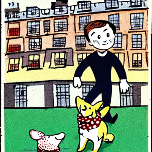 Image similar to illustration of french boy on the streets of paris playing football against a corgi, the dog is wearing a polka dot scarf, comic, 1 9 6 6