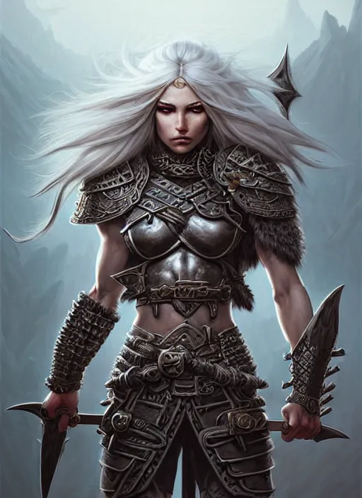 Image similar to barbarian, plated armor!!! long wild white hair!! covered chest!!! fantasy, d & d, intricate ornate details, digital painting, pretty face!!, symmetry, concept art, sharp focus, illustration, art by artgerm! greg rutkowski magali villeneuve wlop! ilya kuvshinov!!, octane render