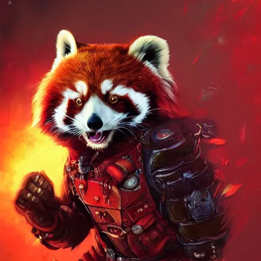 Prompt: red panda as warhammer 4 0 0 0 0 character, digital illustration portrait design, by android jones and greg rutkowski, retrowave color scheme, detailed, cinematic lighting, wide angle action dynamic portrait
