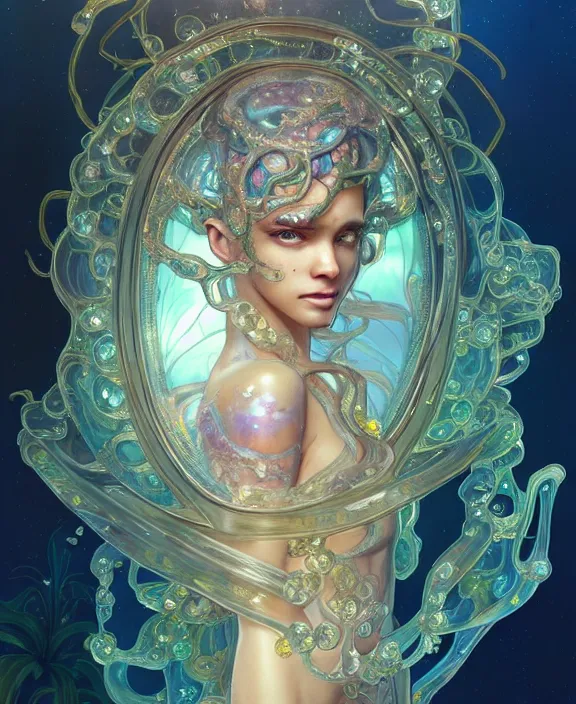 Image similar to intricate ornate opulent transparent clear see - through crystal portrait of a gundam beautiful male alien sea slug, mottled coloring, adorable, childlike, overgrown jungle environment, ultra realistic, concept art, art nouveau, photorealistic, octane render, 8 k, unreal engine. art by christopher marley and artgerm and greg rutkowski and alphonse mucha