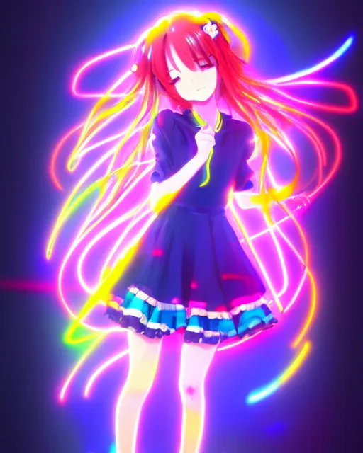 Image similar to anime style, vivid, expressive, full body, 4 k, painting, a cute magical girl idol with a long wavy colorful hair wearing a colorful dress, correct proportions, stunning, realistic light and shadow effects, neon lights, studio ghibly makoto shinkai yuji yamaguchi