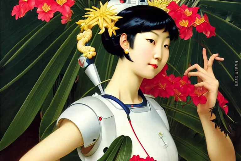 Image similar to a portrait of double eyelids asian female with short black hair dressed with a robot knight plastic white armor dress from evangelion, sit in a throne surrounded by garlands of tropical fruits and flowers, masterpiece painted by jc leyendecker