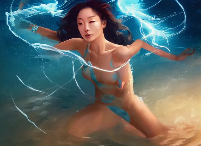 Image similar to seductive lee jin - eun running on water at super speed, emerging from multiversal galactic portal, splashes of lightning behind her, zooming past a small island, by ilya kuvshinov and peter mohrbacher and ruan jia, and m. k. kaluta, rule of thirds, coherent symmetry, close up, majestic, beautiful eyes