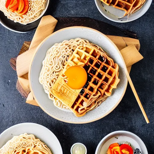 Prompt: eggos - branded ramen with eggo waffles as a topping. photography. food photoshoot. advertisment photography. 4 k. realistic.