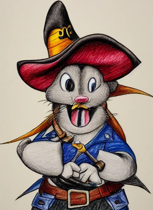 Image similar to detailed colored pencil drawing of an anthropomorphic mouse as a pirate