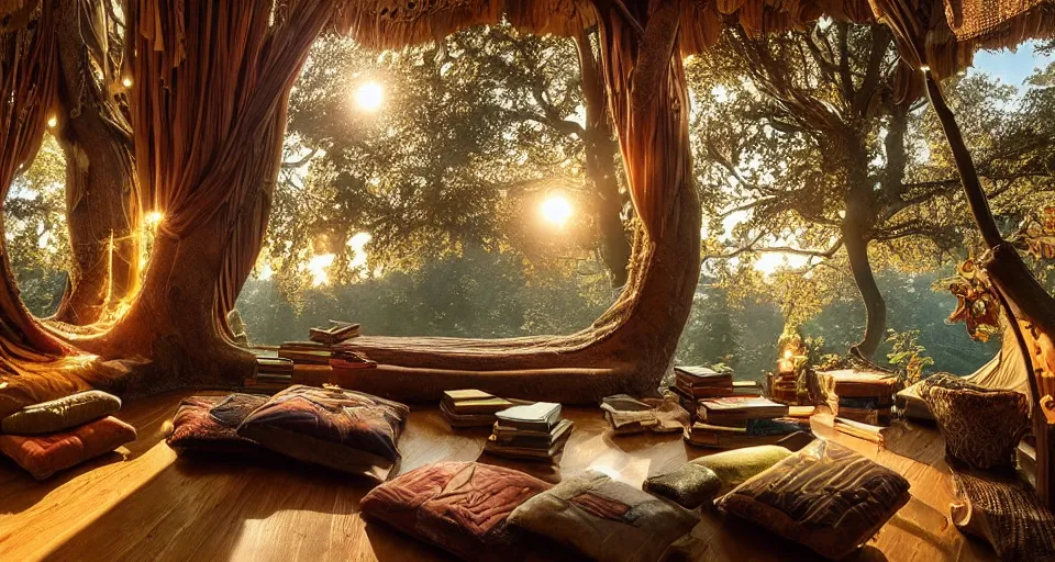Prompt: An incredibly beautiful scene from a 2022 fantasy film featuring a cozy art nouveau reading nook in a fantasy treehouse interior. Ancient books. Embroidered pillows. A tree trunk. Suspended walkways. Golden Hour. 8K UHD.