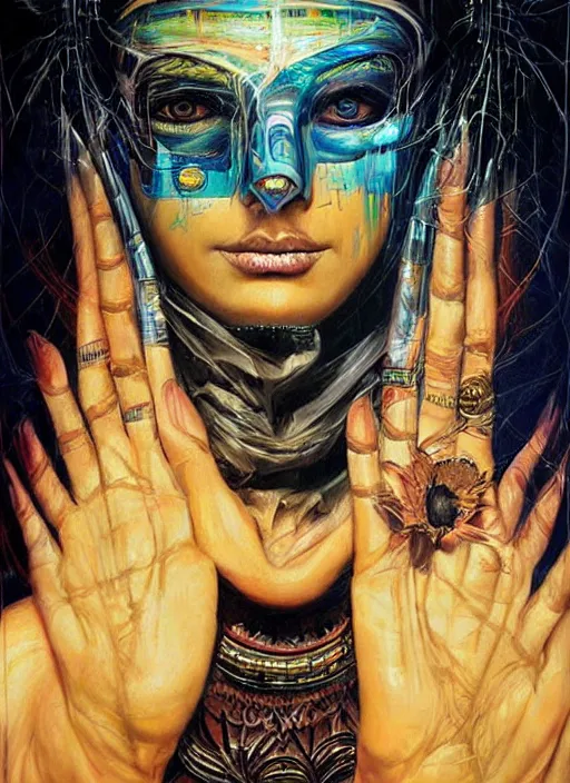 Image similar to incredible magic cult psychic woman, symmetrical painted face, third eye, energetic consciousness psychedelic, epic surrealism expressionism symbolism, story telling, iconic, dark robed, oil painting, layers on layers on layers, dark myth mythos, by Sandra Chevrier , Bruce Pennington, masterpiece