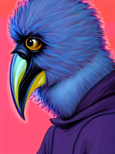 Image similar to front facing portrait. humanoid furry! anthro, anthro, anthro, avian, avian, avian!!! fursona, bird, bird, bird!!! digital art! trending on artstation! subject wearing hoodie and jeans!! subject is female!! female!!! big beak, big beak, big beak!!! blue feathers!! birdfolk!! owlkin!! Character design by charlie bowater, ross tran, artgerm, and makoto shinkai!!! detailed!!!