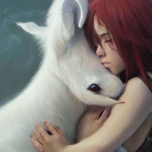 Prompt: a person hugging a large white animal, a detailed painting by krenz cushart, pixiv contest winner, fantasy art, official art, detailed painting, pixiv. highly detailed. 4 k masterpiece.