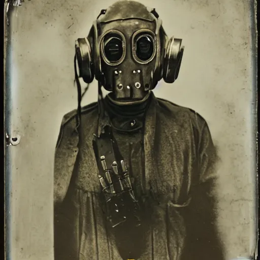 Image similar to tintype photographs of techno shamans, telepaths, dieselpunk cyborgs, masked heroes, irradiated humans, ancient ones, mystic monsters, and monster hunters