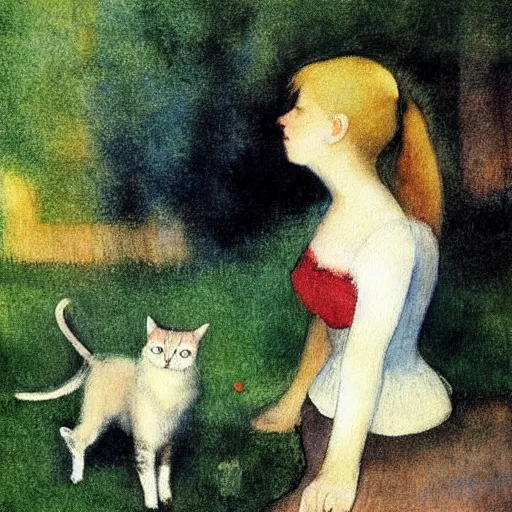 Prompt: Ciri holding a cat, art, minimalistic painting, watercolor on paper, high quality, by Edgar Degas, by Georges Seurat